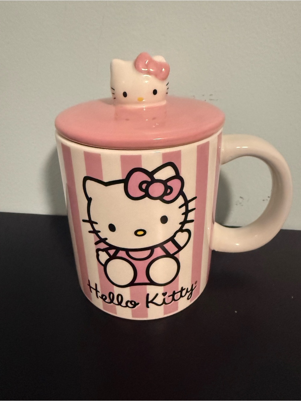 Hello Kitty Pink and White Striped Ceramic Mug with Lid! NWT